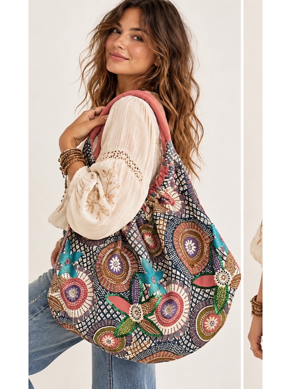 Boho Floral Print Large Hobo Shoulder Bag Pink, Teal Multicolor with Sequins
